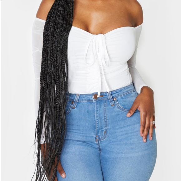 Shape White Mesh Long Sleeve Ruched Bodysuit - Picture 2 of 8